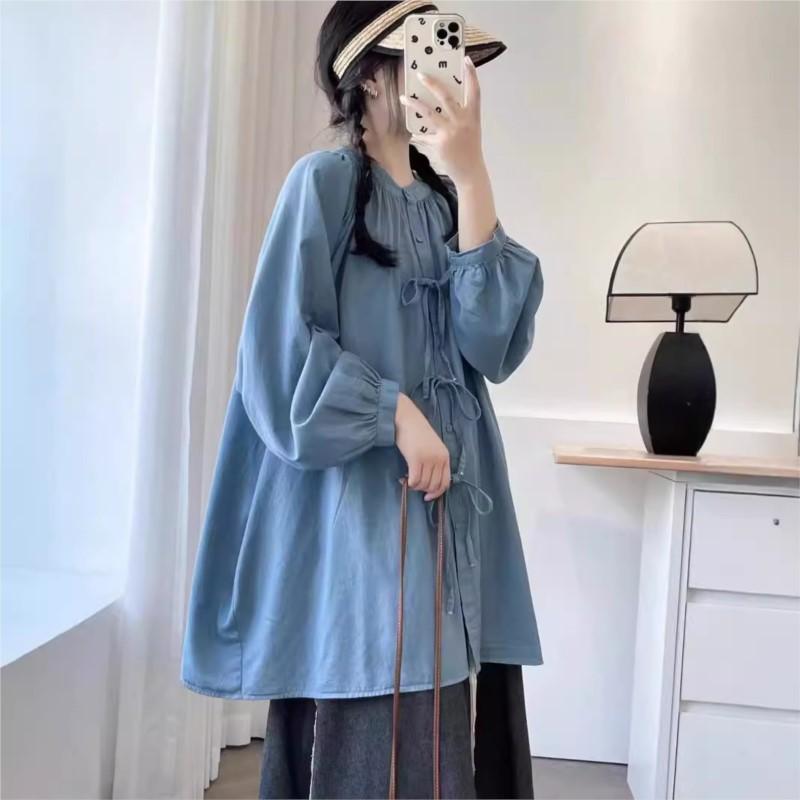 Johnature Japanese Forest Bow Tie Cotton Midi Shirt Women Spring Autumn Casual Loose Balloon Sleeve Tops