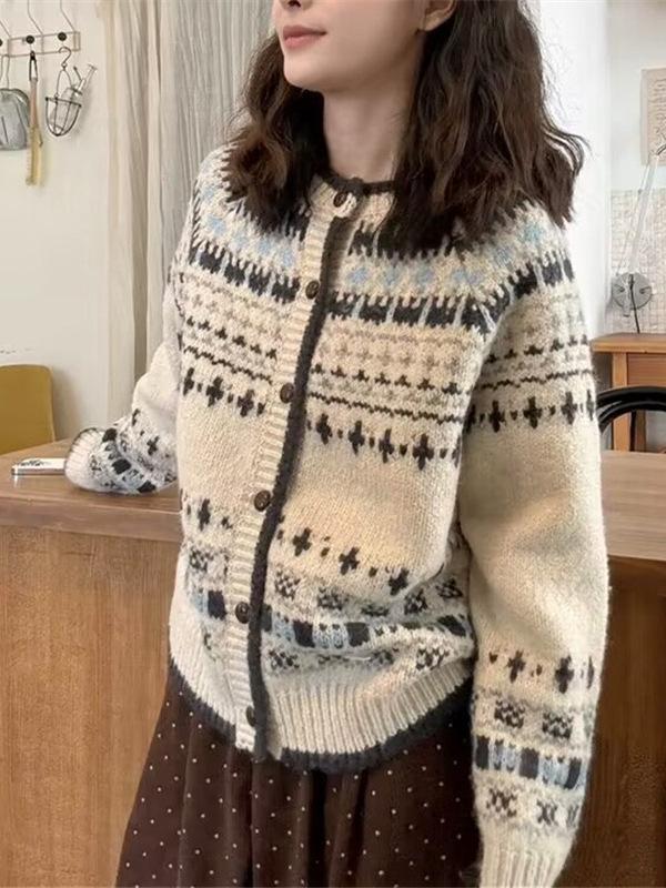 Dámský retro svetr kabát Fair Isle - Podzim/Zima Měkký žakárový úplet Volný kardigan