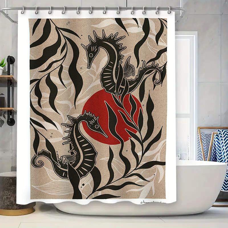 

Vintage Seahorse Dragon Print Shower Curtain Waterproof Fabric for Bathroom Decorations in Red, Black White Colors with a Touch 90x180cm