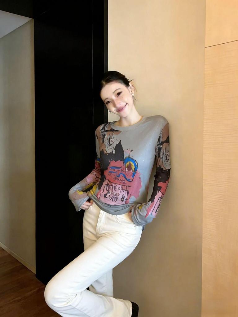 Korean Chic Round Neck Print Design See-through Long Sleeve Mesh Top for Spring & Autumn