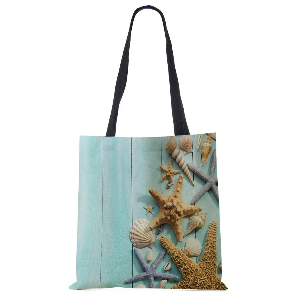 Ladies Shoulder Bag Blue Ocean Starfish Beach Sand Prints Tote Bag Linen Fabric Beautiful Casual Practical Handbag Casually