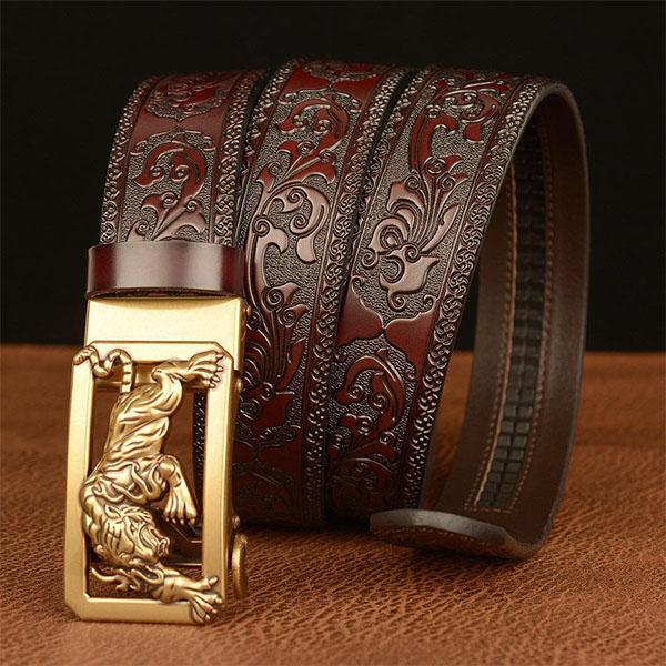 Fashion Men's Belt Leather Belt Men's Carved Floral Tiger Pattern Gold Self Buckle Belt for Jeans