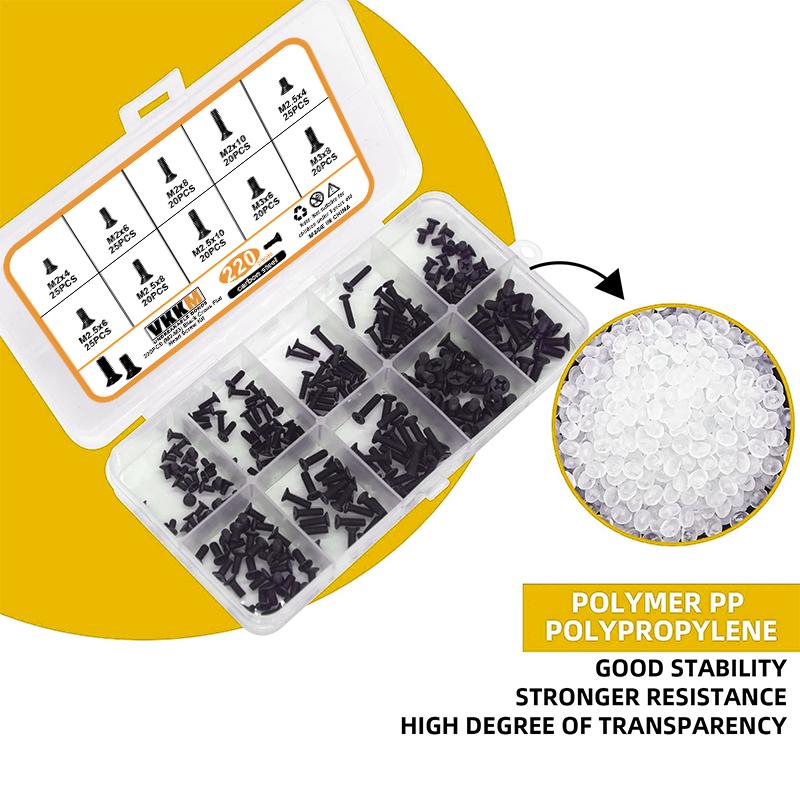 220PCS (M2-M3) black cross flat head screw kit, suitable for electrical maintenance.