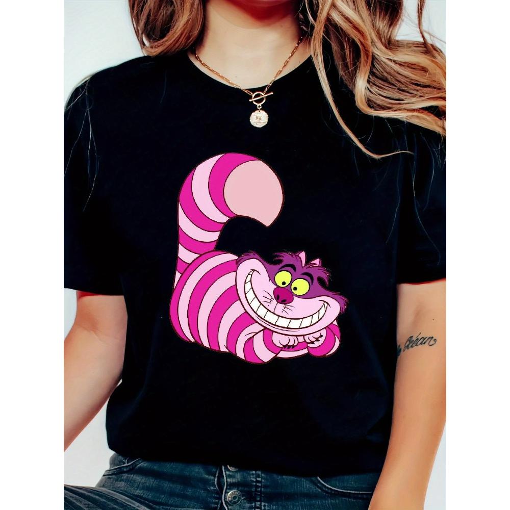 Cheshire Cat Pattern Women's Y2K Crew Neck Short Sleeve T-Shirt Four-Season Casual Wear Cartoon Print