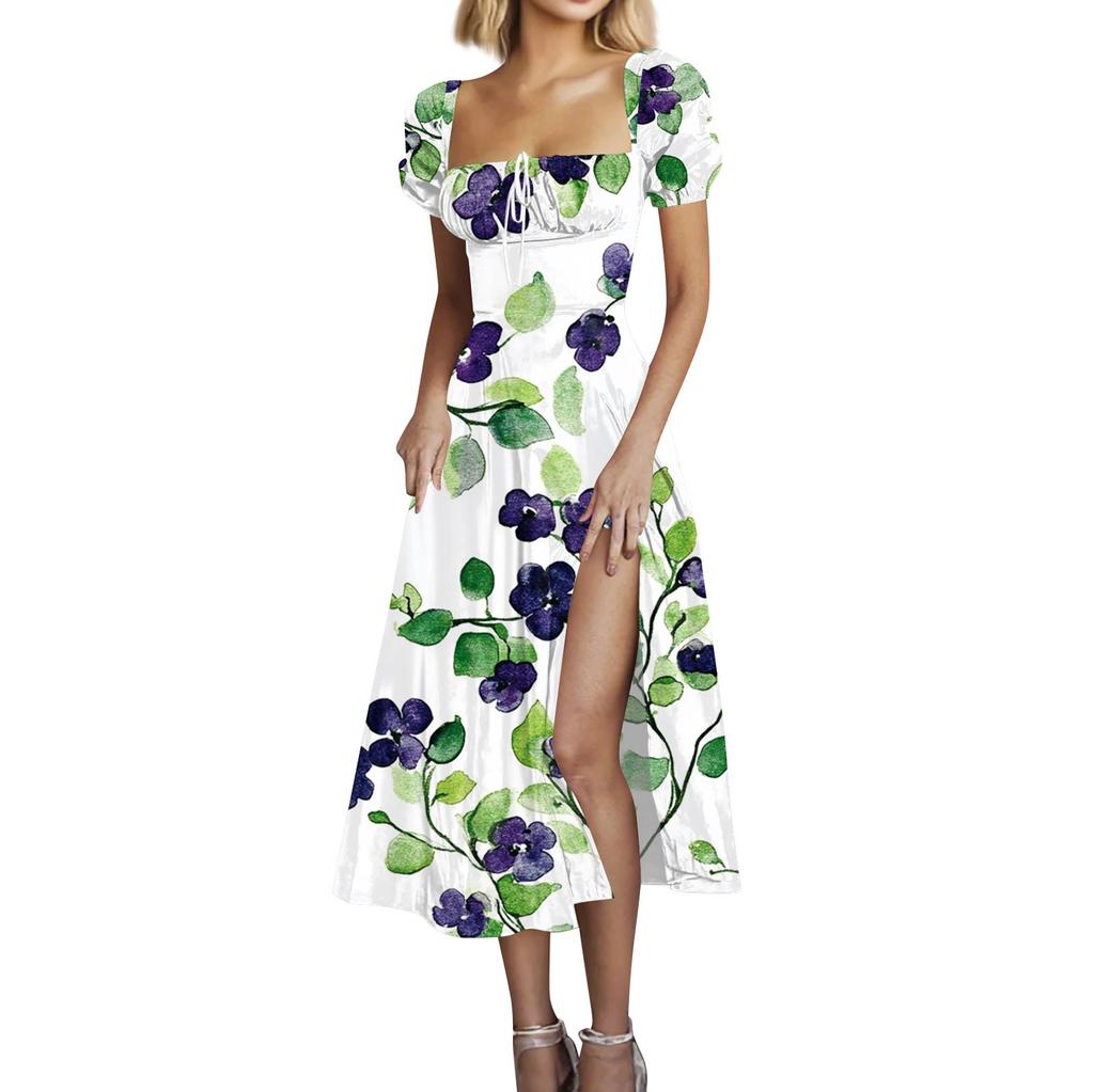 Vestidos de Verano para Mujer Estampado Floral Lazo en el Pecho Cintura Alta Manga Burbuja Abertura en la Cintura