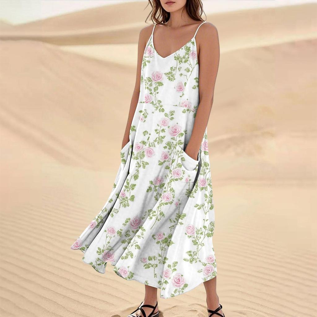 Women's Fashion Casual Floral Print Sleeveless Pocket Long Beach Dress