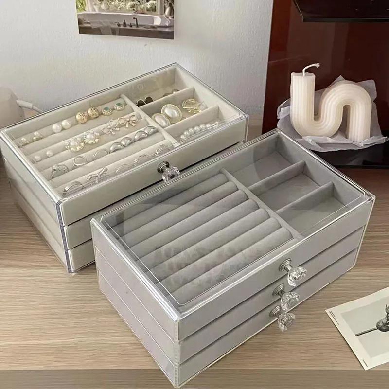 Clear Acrylic Jewelry Box with 3 Drawers and Velvet Lined Clear Jewelry Storage Box, Stud Earrings Necklace Jewelry Storage Box