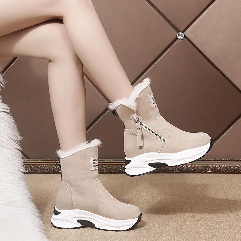 Women's Cotton Boots Winter New Round Toe Plush Warm Side Zipper Low Tube Flat Bottom Casual Student Women's Snow Boots