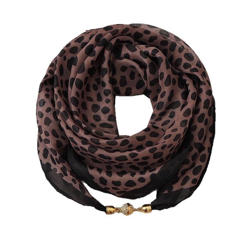 Women Korean Style Leopard Print Magnetic Buckle Scarf Thin Triangle Neck Kerchief Versatile Decorative Neck Scarf for Spring Autumn