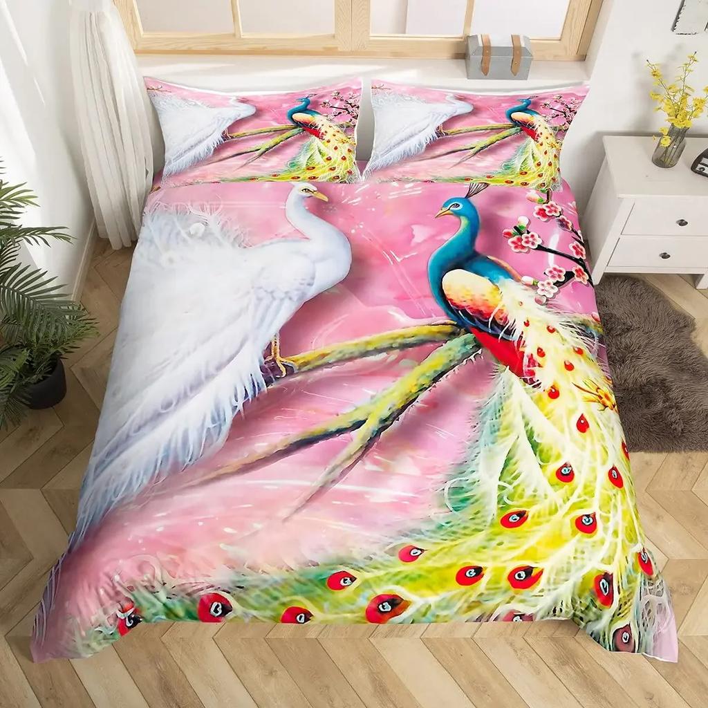 Conjunto de Capa de Edredom Pavão de Luxo Tamanho Twin King Queen Selva Selvagem Animal Capa de Colcha Microfibra Pássaro Exótico Animal Conjunto de Roupa de Cama