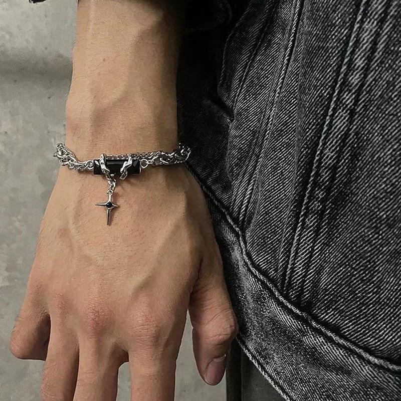 Bracciale Uomo Retro Zircone Nero Catena a Stella Donna Acciaio Inossidabile Braccialetti Punk su Mano Gioielli Unisex Accessori per Coppia