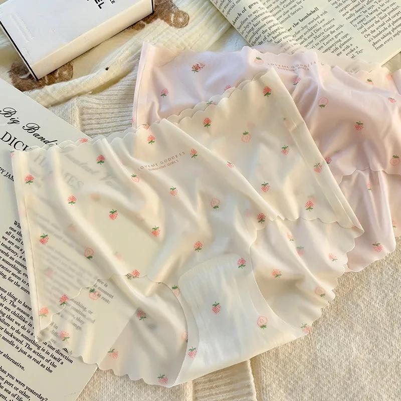 Strawberry Pattern Ice Silk Seamless Panties with Naked Sensation and Hip Hugging Triangle Women’s Panties