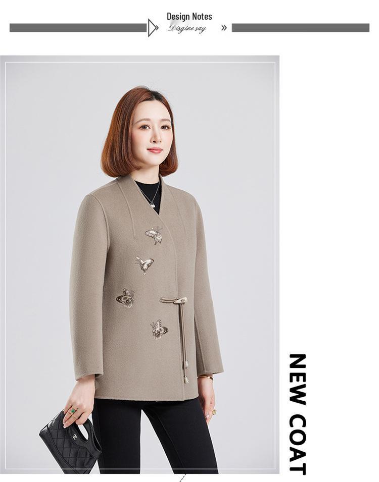Mom's Embroidered Double-Faced Cashmere V-Neck Short Coat for Middle-Aged and Elderly Women - Autumn/Winter Fashion