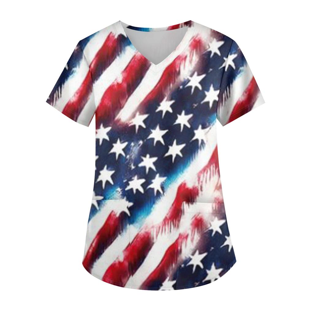 Ladies' Independence Day Printed Fashionable V-neck Pocket Short Sleeved Uniform and Caregiver Top