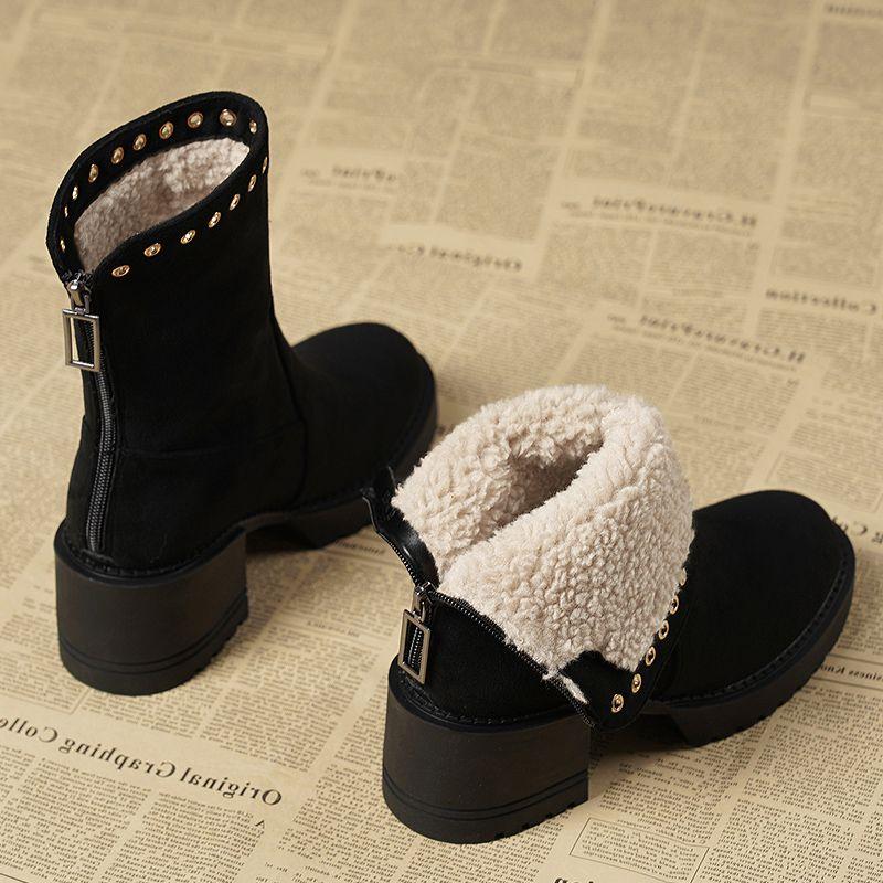 Fashion Black Chunky High Heels Women's Snow Boots Winter Fleece-lined Booties Comfortable and Elegant Fashion Ladies Shoes on Promotion