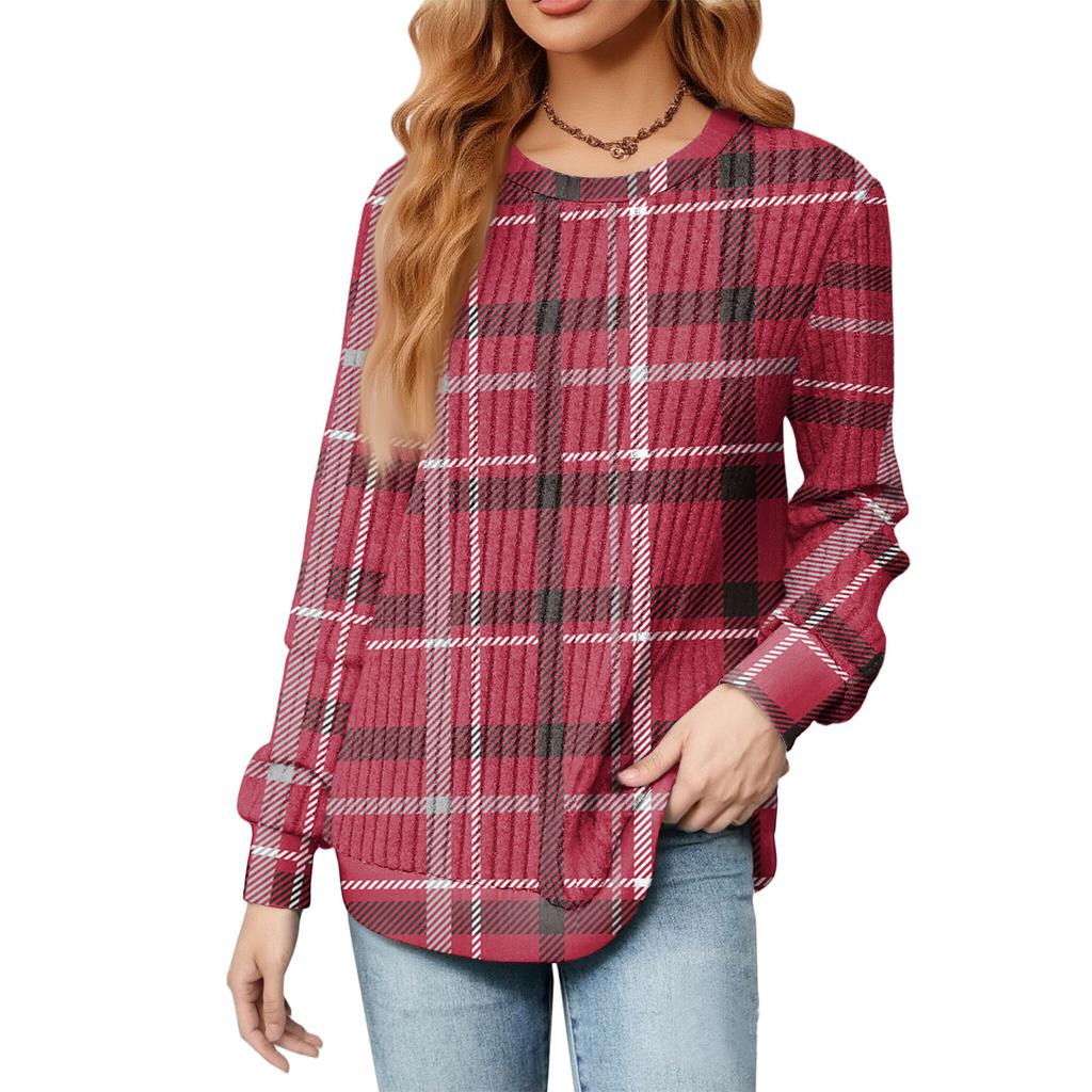 Fashionable Women's Long Sleeved Checkered Striped Printed Lightweight Sweater With Loose Round Neck Top