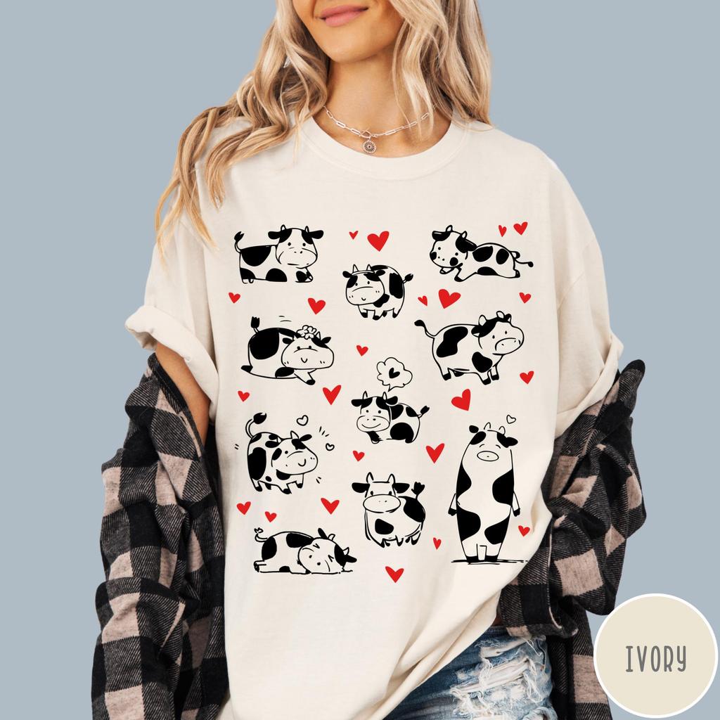 Retro Cow Lover Shirt, Funny Cow Tshirt, Oversized Shirt, Aesthetic Graphic Retro Cow Hearts T Shirt, Cow Gift, Cow Tee