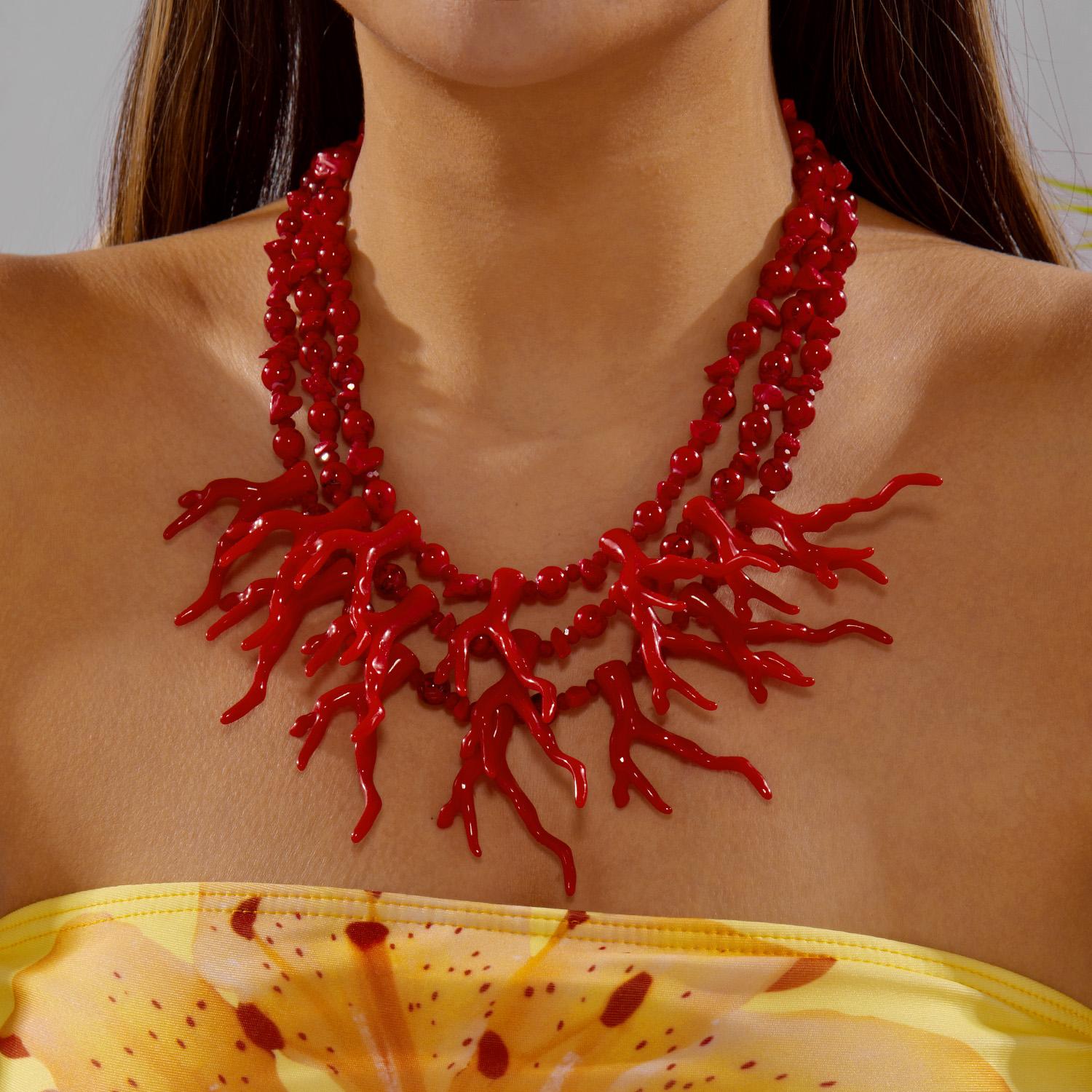 

Exaggerated Beaded Coral Necklace For Women Multilayer Oversized Coralal Pendant Choker Summer Beach Resort Vacation Jewelry