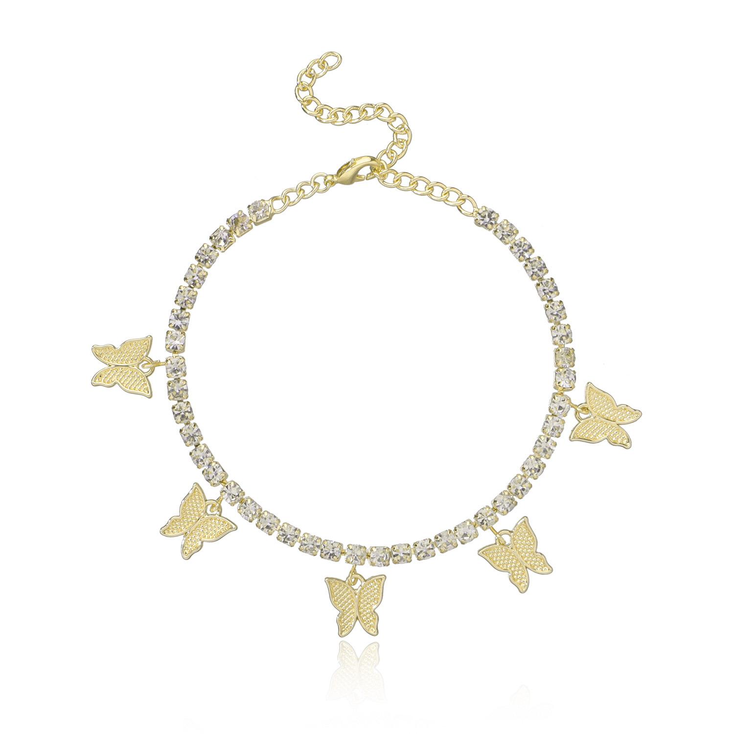 Explosive 1mm shiny rhinestone anklet, fashionable metal butterfly beach anklet золотой