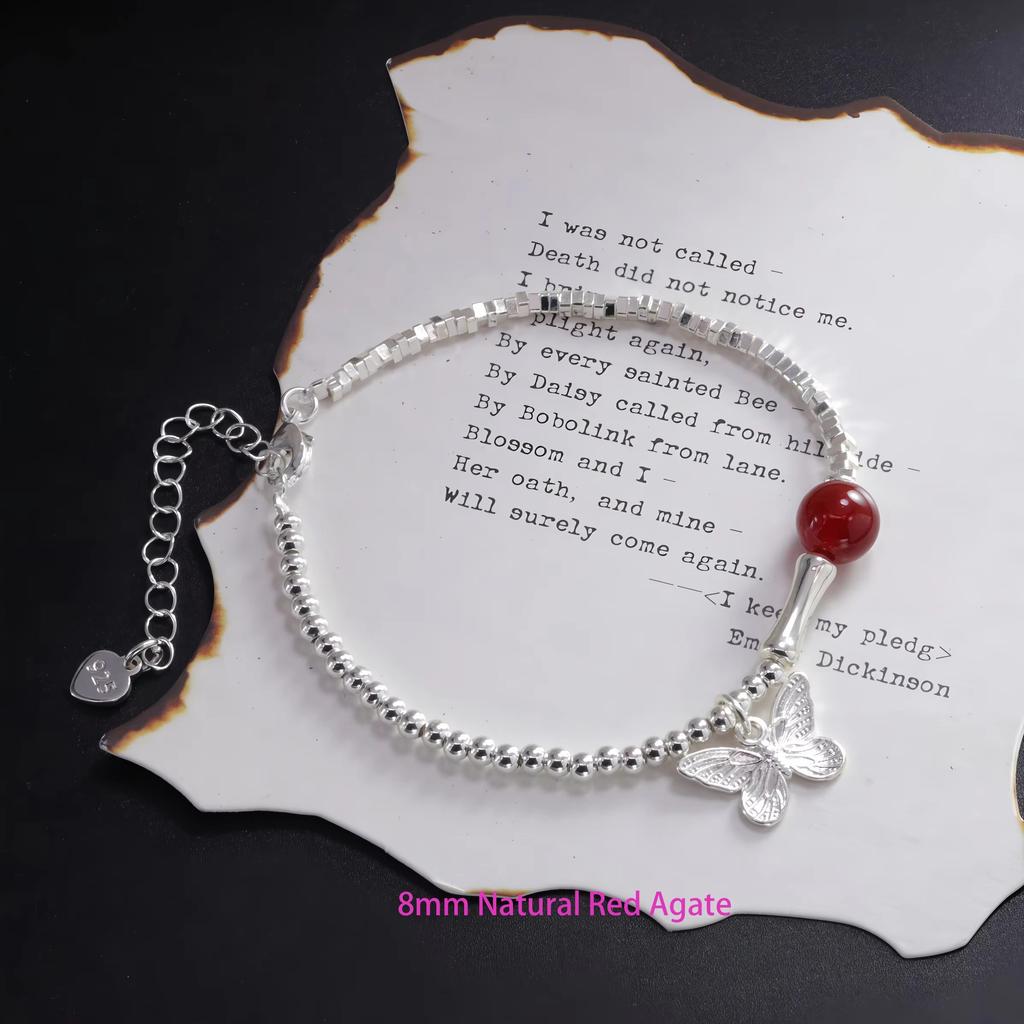 PANJBJ 925 Sterling Silver Red Agate Bead Bracelet for Women Fish Shape Retro Bead Design Versatile Jewelry Gifts Dropshipping