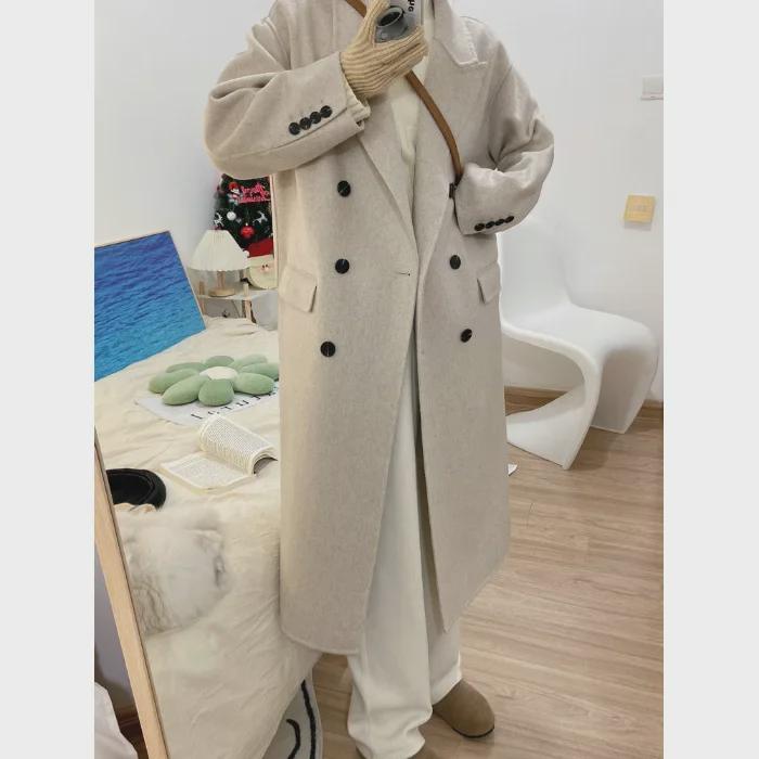 2023 Autumn/Winter Women's Classic Double-Breasted French Retro Long Wool Coat