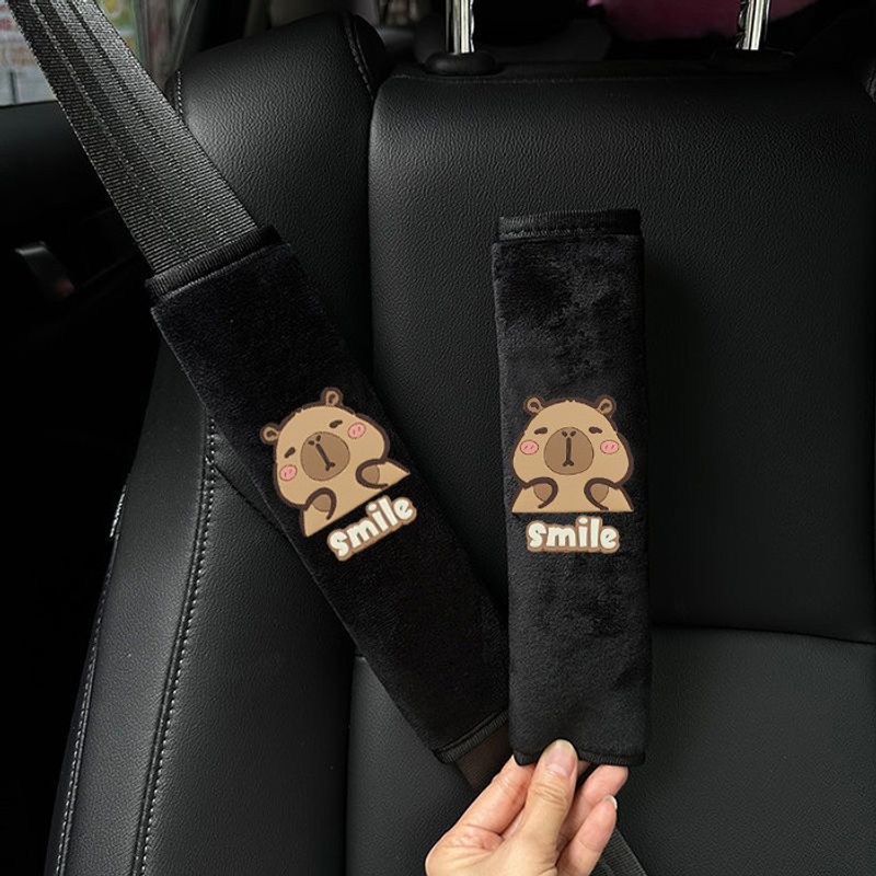 Capabala Automobile Seat Belt Shoulder Protector Cute Cartoon Capybara Short Plush Car Safety Belt Cover Fun Decoration Capybara Couple Set
