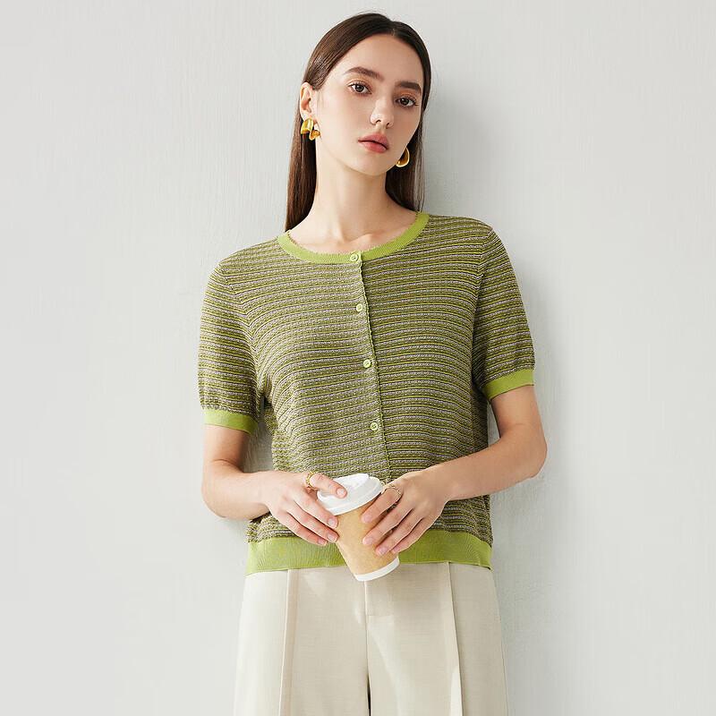 Women's Mulberry Silk Blend Striped Short Sleeve T-Shirt