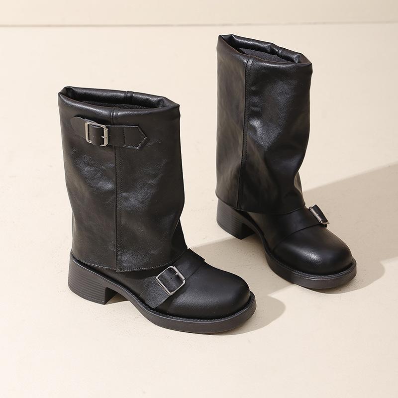Vintage Western Cowboy Boots Damskie 2025 Plisowane Buty Z Palisady Okrągła Głowa Gruby Obcas Klamra Paska Średnie Spodnie Rurki Rycerskie Buty