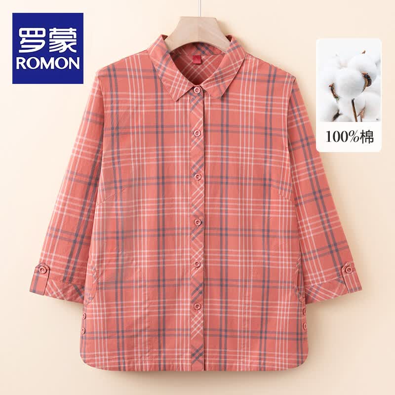 ROMON Women s Plaid Cotton 3/4 Sleeve Shirt 4XL