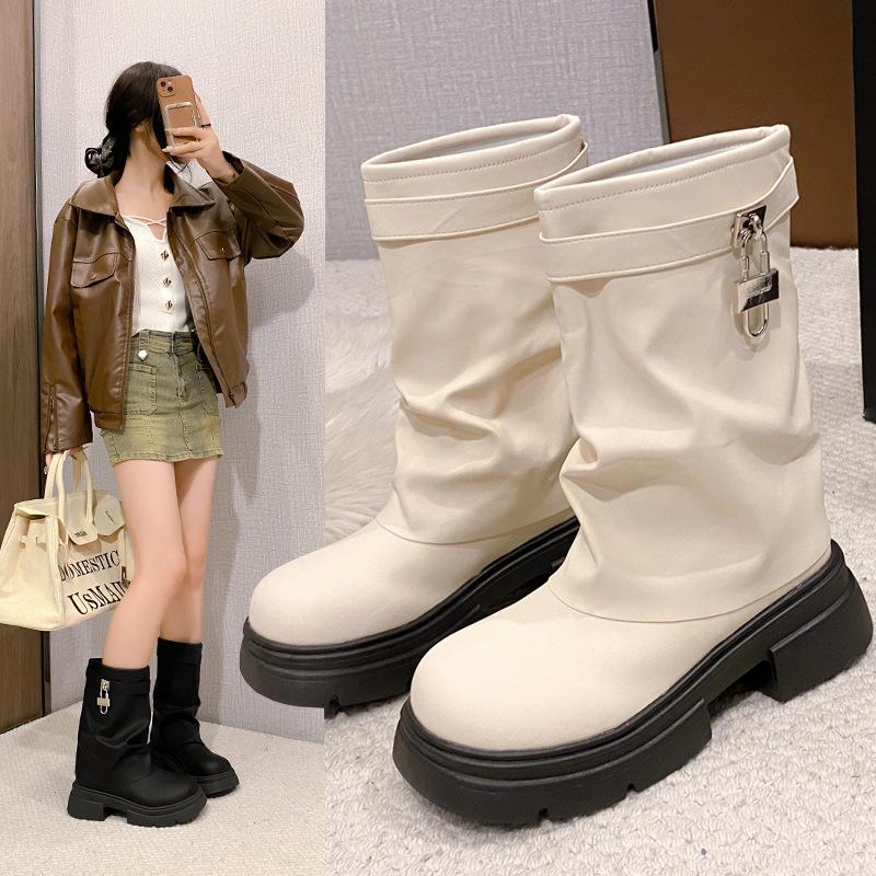 Boots Women's Spring and Autumn Short Boots Platform Pants Boots Thick Heel Vintage Martin Boots Maillard Pile Boots Western Cowboy Boots