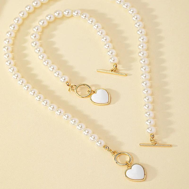 2PCS Immitation Pearl Necklace Bracelet Jewelry Set Elegant Love Pearl Color Pendant Natural Color Beads Collar for Girl Gifts