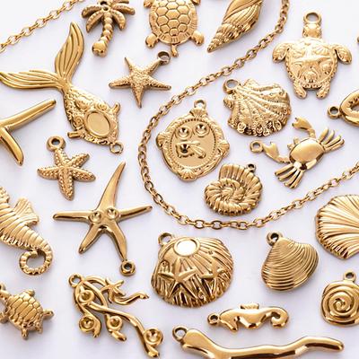 6pcs Real Gold Plated Marine Life Pendants Starfish Conch Sea Horse Stainless Steel Charms For Jewelry Making Necklace Bracelets