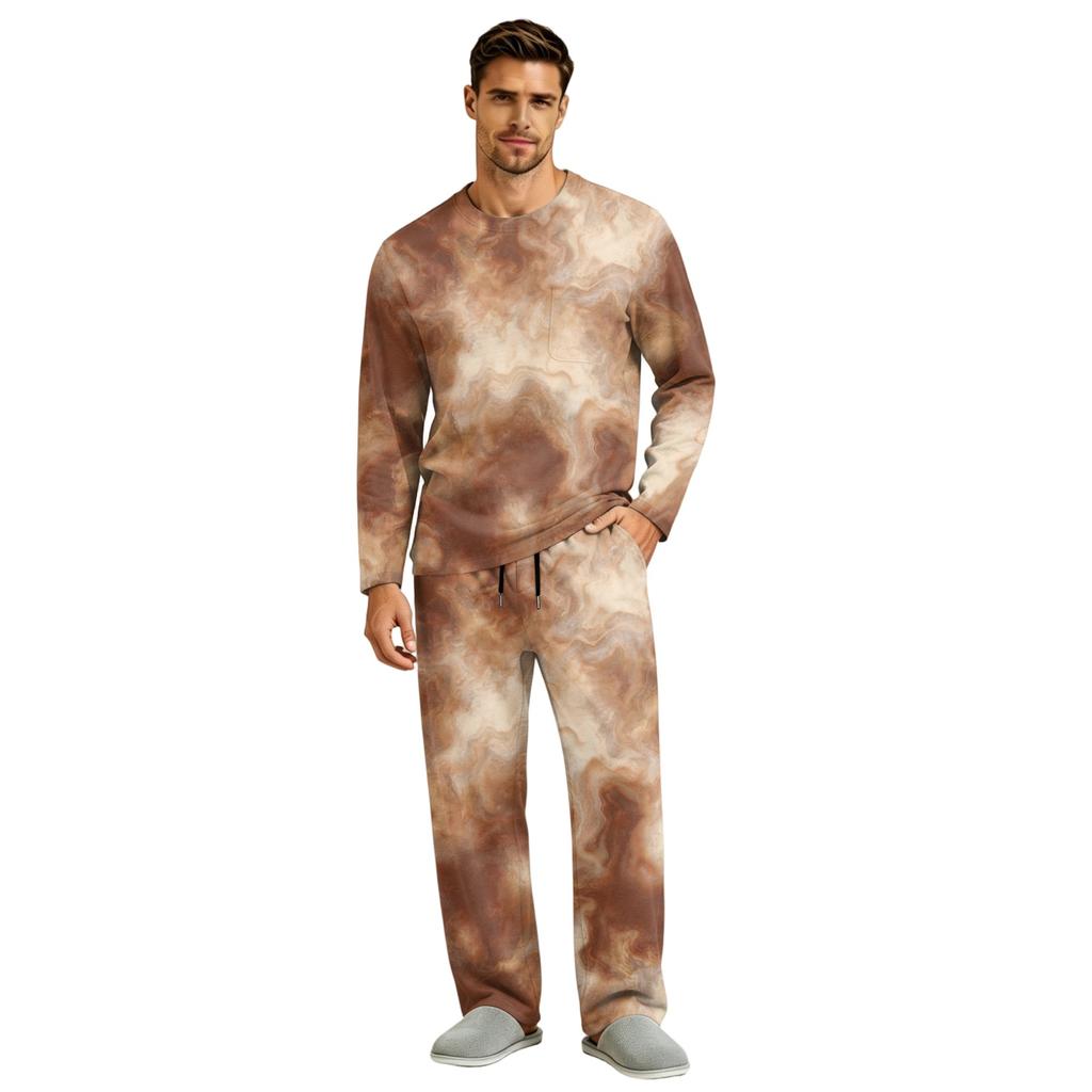 Men's Pajama Set Long Sleeve Top and Pants with Button Fly and Elastic Drawstring Waist