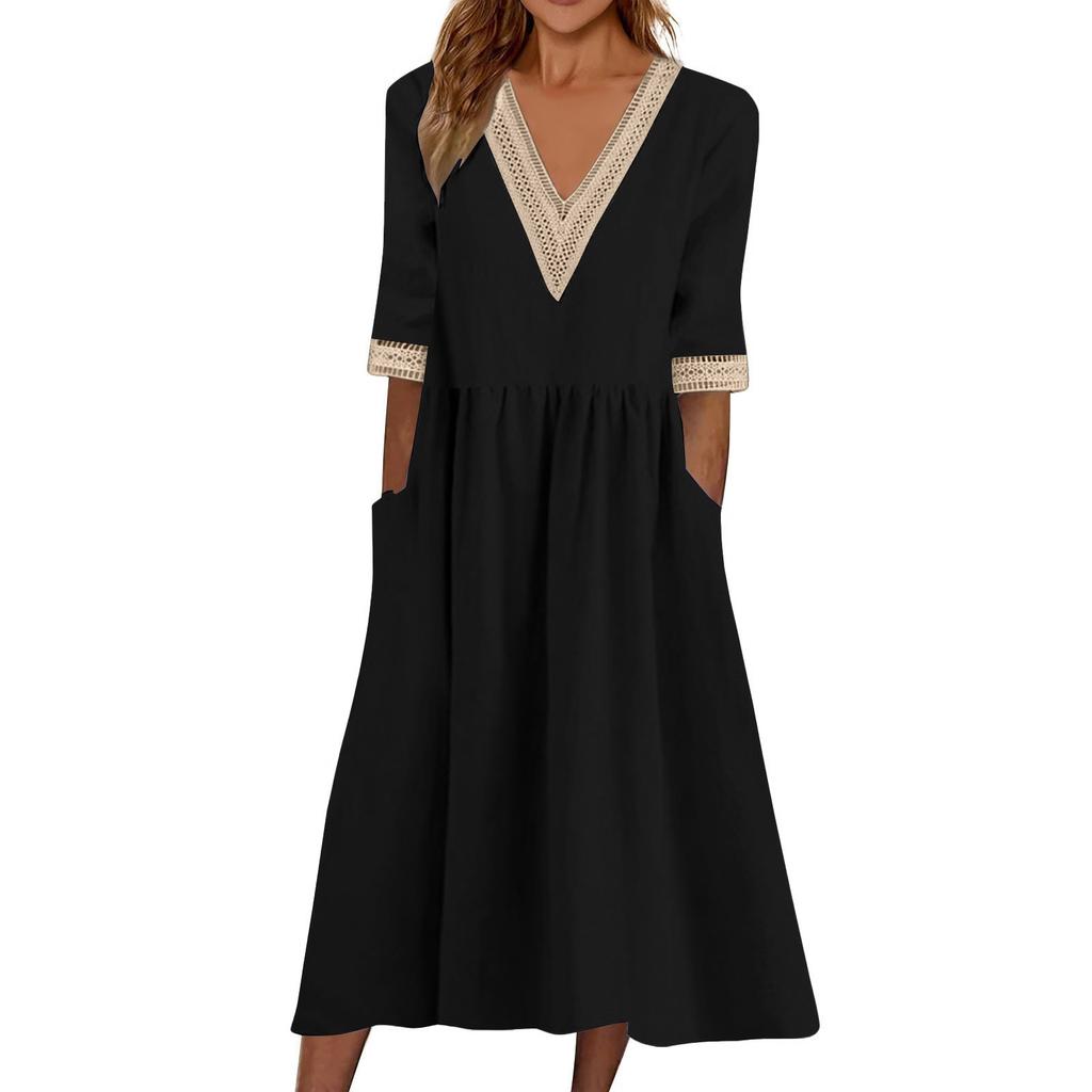 Women's Fashionable Casual Solid Color Short Sleeved Lace V-Neck Waist Cinched Dress