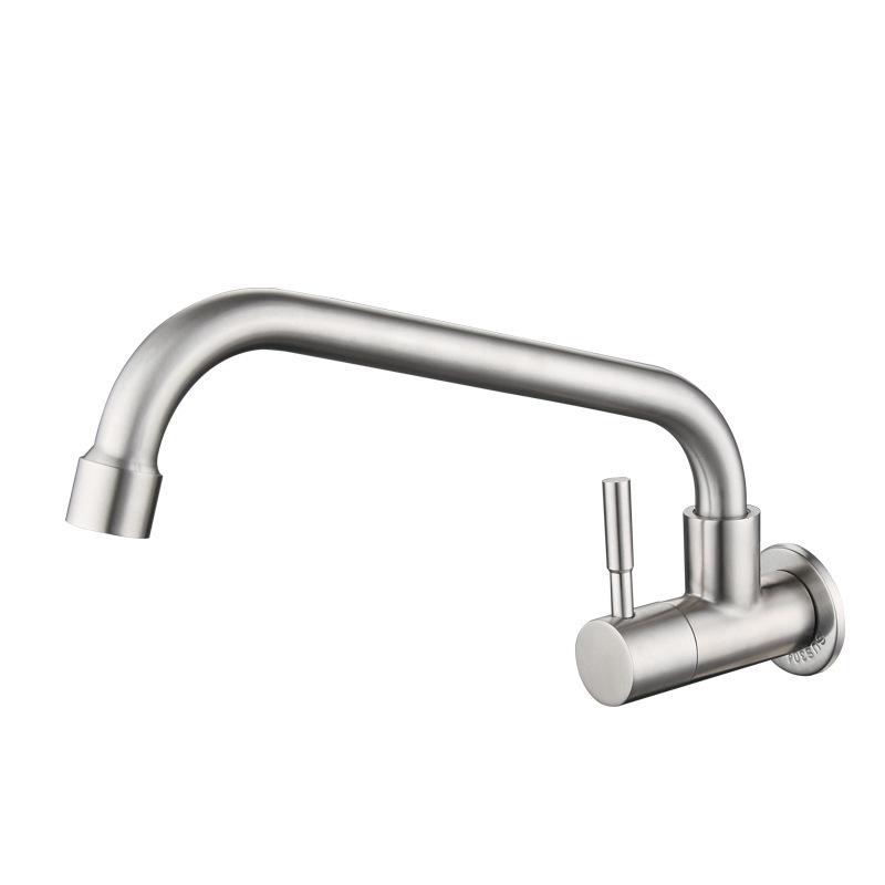 Modern Wall Mounted Single Cold Water Tap Kitchen Sink Faucet 304 Stainless Steel Brushed Ceramic Single Hole Rotatable Balcony