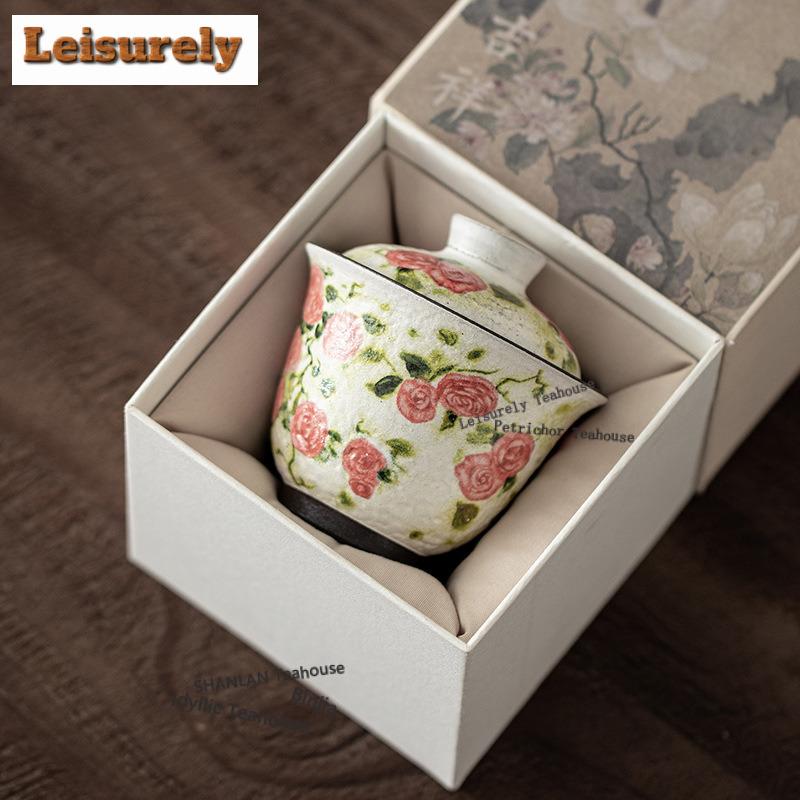 125ML Oljemålning Ros Blomsterspråk Gaiwan Boutique Te Terrin Te Skål med Lock Kit Te Tillverkare Lock Skål för Te Ornament