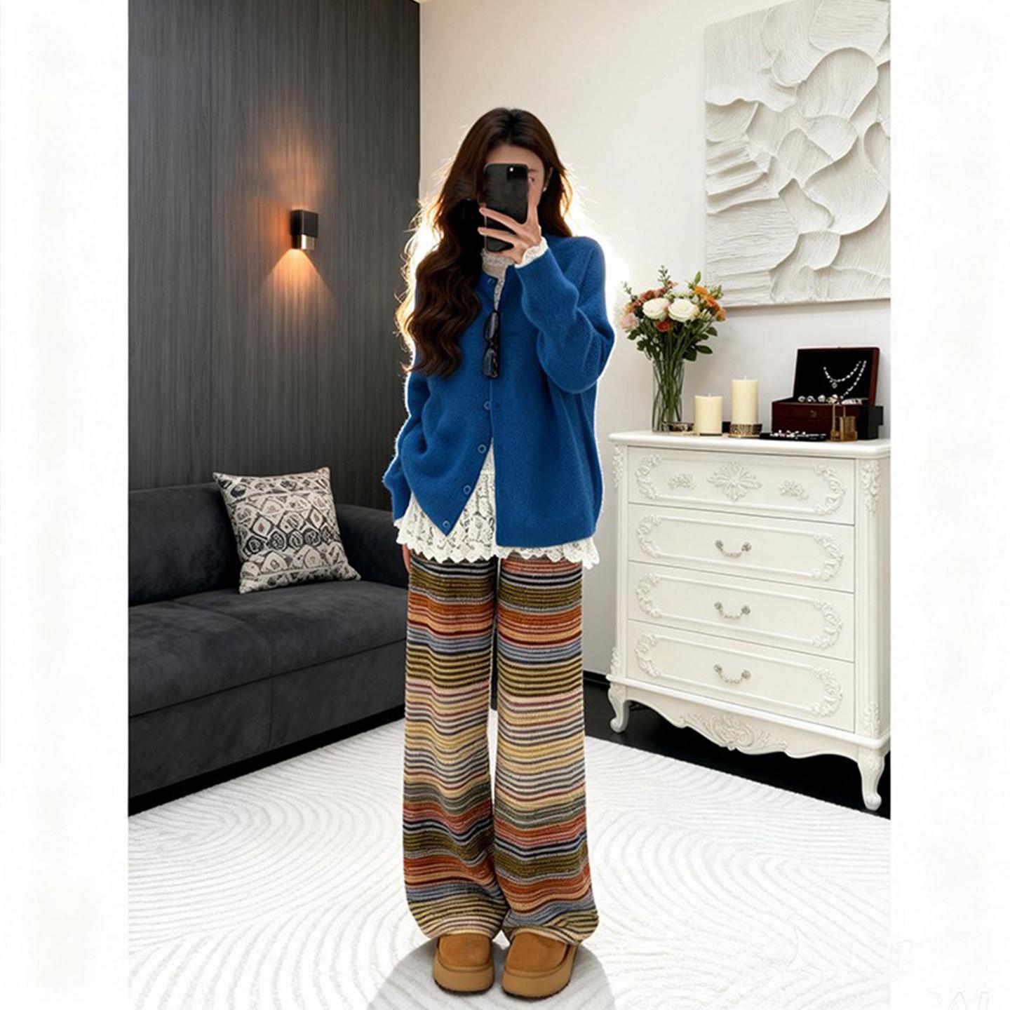 

Winter Retro Knit Cardigan & Lace Inner Top with High-Waisted Striped Wide-Leg Pants Set 2XL (125-140 Jin)