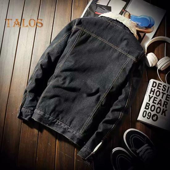 Men Jacket Lapel Long Sleeve Denim Fabric Coat with Flap Pockets Thickened Velvet Lining Warm Button Closure Denim Outerwear