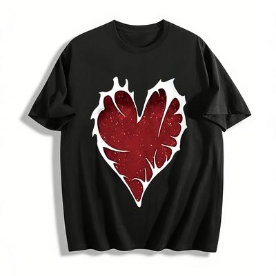 Love Heart Wings Print Casual Top Trendy Loose Crewneck Daily Commute Versatile Pullover Pure Cotton T-shirt