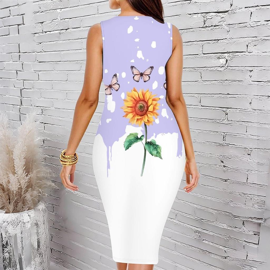 Women Plus Size Crew Neck Sleeveless Midi Dress Black Silver Glitter Butterfly Shimmer Dot Print Bodycon Dress