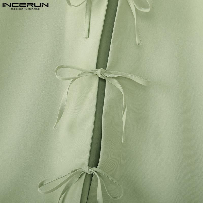 INCERUN Oversized Men Casual Lapel Neck Short Sleeve Bow Knot Solid Color Shirts Tops