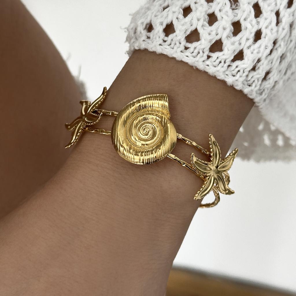 Vintage Punk Stainless Steel Ocean Series Wide Cuff Bangle for Women Gold Plated Starfish Conch Turtle Bracelet Beach Jewelry