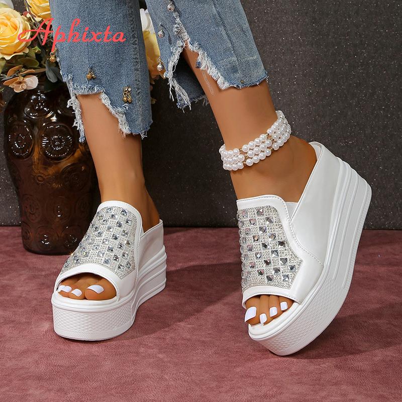 Fashion Aphixta White Wedge Heels Slippers Bling Crystal Design New Woman Shoes Mulers Platform Sandals Peep Toe Slides Plus Size 42