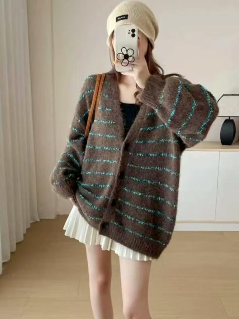 2025 Autumn/Winter Retro Loose Striped Knitted Cardigan - Women's Lazy Style Sweater Coat
