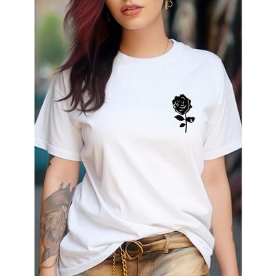 T-shirt Girocollo con Stampa Floreale Taglie Europee, T-shirt Casual a Maniche Corte per Primavera ed Estate, Abbigliamento Donna