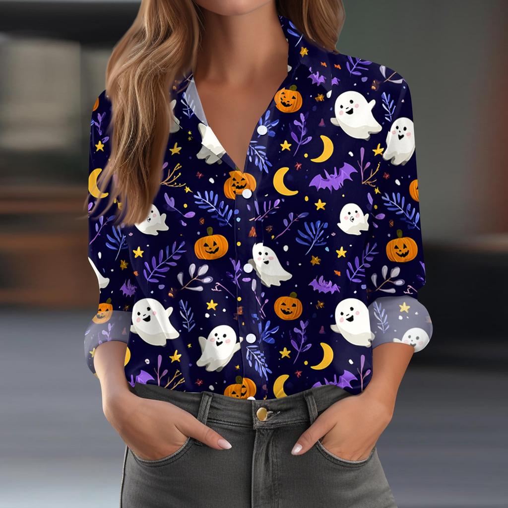Women's Long Sleeve Casual Half Placket Shirt with Halloween Print for Fall Parties