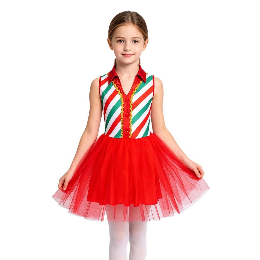 Kids Girls Christmas Costume Tulle Tutu Dress Candy Stripe Sleeveless Metallic Collar for Stage Performance Theme Party Holiday