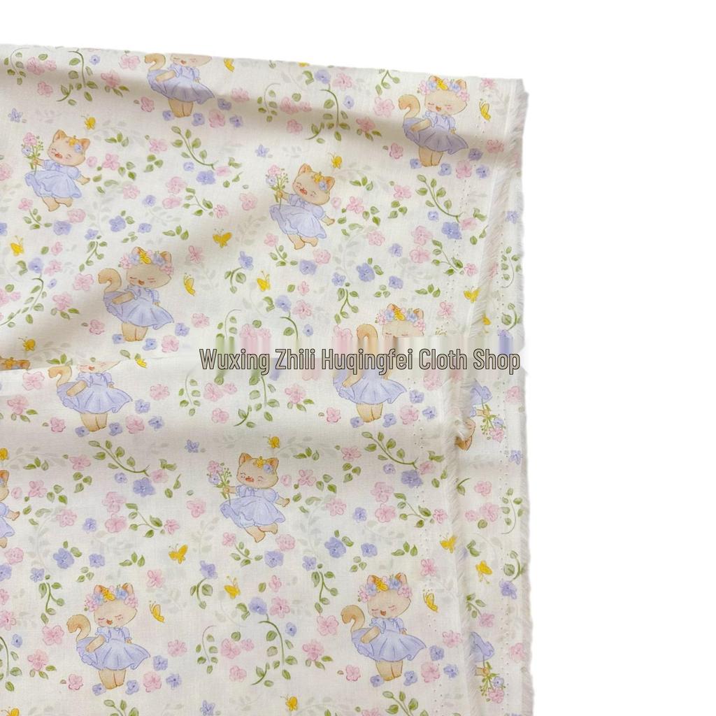 100% Cotton Korean Style Cartoon Kitten Floral Fabric for Women's & Children's Clothing, Family Outfits, Homewear, DIY Projects