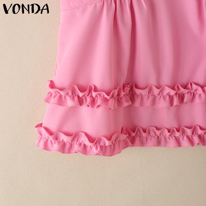 VONDA Women V Neck Short Sleeve Slim Waist Ruffled Casual Blouse