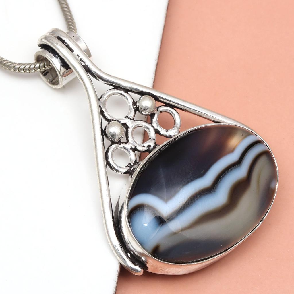 Gray Botswana Agate Gemstone Mother's Day Silver Jewelry Pendant 1.75"